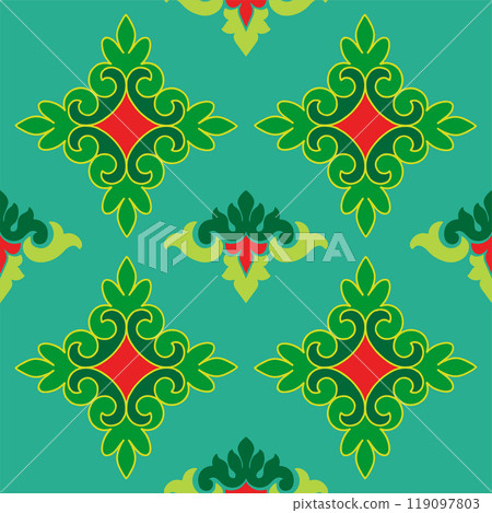 Tatar seamless pattern. Islamic tulip, floral geometry. Culture of the Tatar people, symbols of green and red. Tatar seamless pattern. Islamic tulip, floral geometry. Culture of the Tatar people, symbols of green and red. 119097803