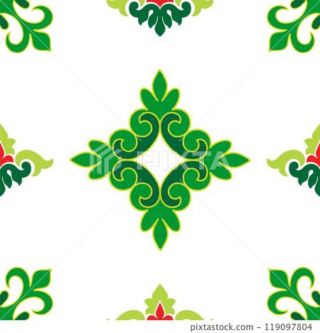 Tatar seamless pattern. Islamic tulip, floral geometry. Culture of the Tatar people, symbols of green and red. 119097804