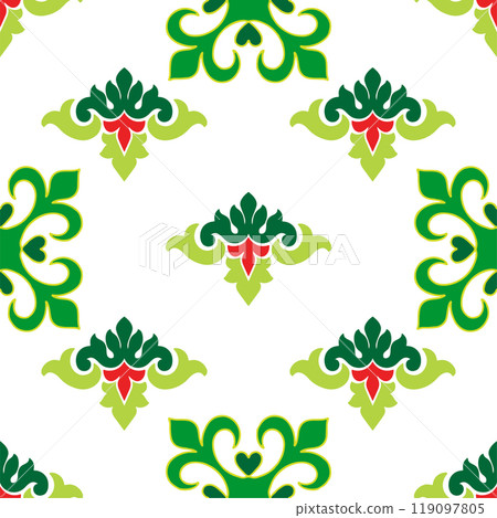 Tatar seamless pattern. Islamic tulip, floral geometry. Culture of the Tatar people, symbols of green and red. 119097805