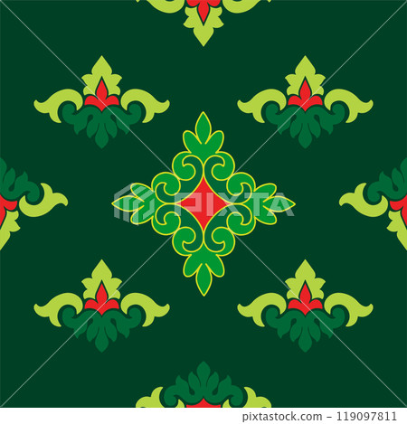 Tatar seamless pattern. Islamic tulip, floral geometry. Culture of the Tatar people, symbols of green and red. 119097811