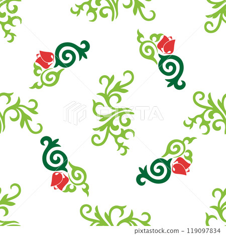 Islamic tulip, floral geometry. Tatar seamless pattern. Culture of the Tatar people, symbols of green and red. Islamic tulip, floral geometry. Tatar seamless pattern. Culture of the Tatar people, symbols of green and red. 119097834