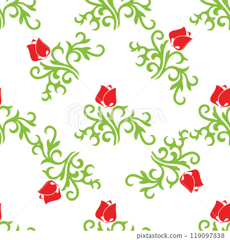 Islamic tulip, floral geometry. Tatar seamless pattern. Culture of the Tatar people, symbols of green and red. 119097838