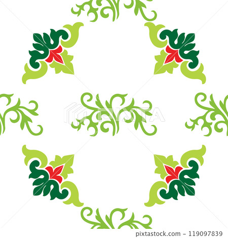 Islamic tulip, floral geometry. Tatar seamless pattern. Culture of the Tatar people, symbols of green and red. 119097839