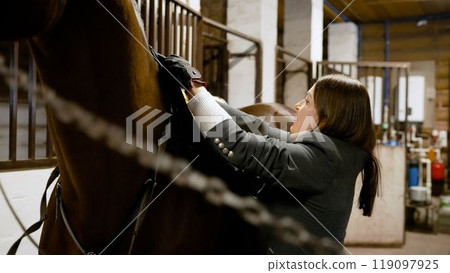 A girl rider attaches a saddle to a horse. A woman saddles her horse for riding. In a stable. A girl rider attaches a saddle to a horse. A woman saddles her horse for riding. In a stable. 119097925
