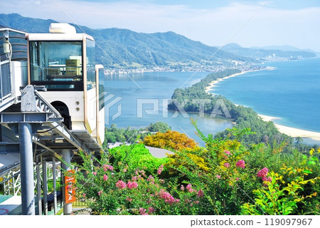 Summer Amanohashidate - View of Hiryu from the monorail at Amanohashidate Viewland Summit Station with crape myrtle blooming Summer Amanohashidate - View of Hiryu from the monorail at Amanohashidate Viewland Summit Station with crape myrtle blooming 119097967