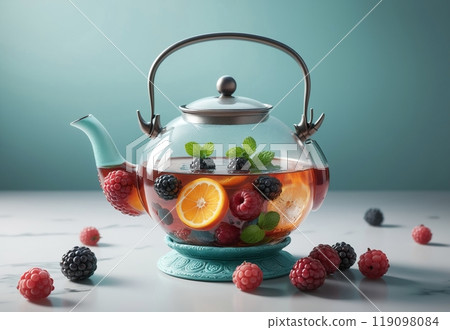 fruit berry medicinal tea in glass teapot, organic natural tea 119098084