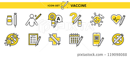 A set of medical icons and design materials, including viruses, vaccine intake, corona, injections, and vaccinations A set of medical icons and design materials, including viruses, vaccine intake, corona, injections, and vaccinations 119098088
