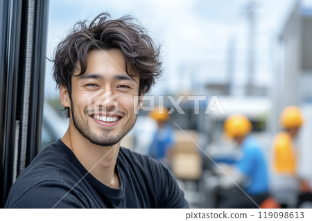 AI-generated image: Portrait of a young Japanese man working in a logistics warehouse 119098613