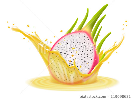 Dragon fruit in splash of fresh juice. Pitahaya juice 3d splash and drops, Tropical exotic fruit drink, ad label design. Tasty pitaya smoothie splash, vitamin cocktail, realistic vector illustration Dragon fruit in splash of fresh juice. Pitahaya juice 3d splash and drops, Tropical exotic fruit drink, ad label design. Tasty pitaya smoothie splash, vitamin cocktail, realistic vector illustration 119098621