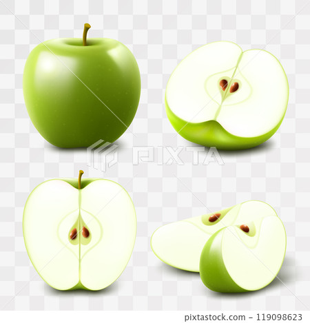 Set of green apples isolated on transparent background. Whole, half and slices of ripe juicy fruit. Summer harvest. Natural product. Realistic 3d vector illustration 119098623