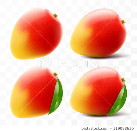 Fresh mango tropical fruit. Exotic mango fruit isolated on transparent background. Summer tropical vitamin food. Realistic 3d vector illustration 119098630
