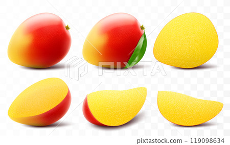 Set of fresh mango fruit. Whole and slice mango fruit with leaf. Exotic mango fruit isolated on transparent background. Summer tropical vitamin food. Realistic 3d vector illustration 119098634