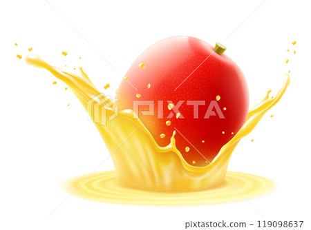 Fresh ripe exotic mango falls into a splash of juice, isolated .on white background. Realistic 3d vector illustration. Summer tropical vitamin food or drink. Mango smoothie splash, vitamin cocktail 119098637