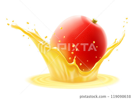 Fresh ripe exotic mango falls into a splash of juice, isolated .on white background. Realistic 3d vector illustration. Summer tropical vitamin food or drink. Mango smoothie splash, vitamin cocktail 119098638