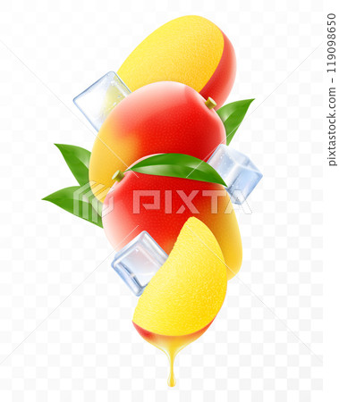 Tropical ripe mango fruit and ice cubes. Composition of fresh mango with leaves, whole mango, half and slices of exotic fruit, 3D realistic vector illustration isolated on transparent background. Tropical ripe mango fruit and ice cubes. Composition of fresh mango with leaves, whole mango, half and slices of exotic fruit, 3D realistic vector illustration isolated on transparent background. 119098650