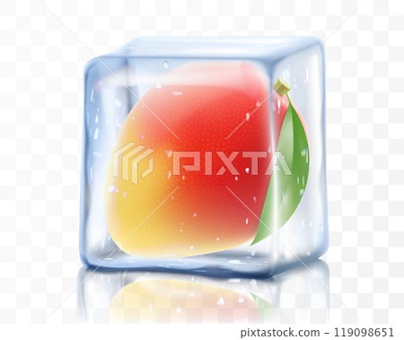 Fresh ripe mango fruit in ice cube isolated on transparent background Frozen tropical mango fruits. Realistic 3d vector illustration. Bright exotic summer design 119098651