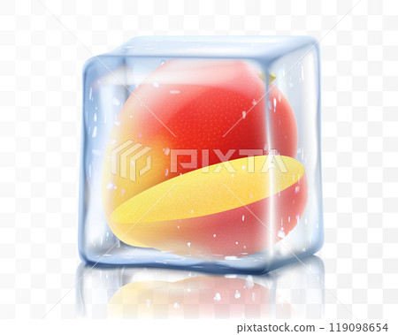Fresh ripe mango fruit in ice cube isolated on transparent background Frozen tropical mango fruits. Realistic 3d vector illustration. Bright exotic summer design 119098654