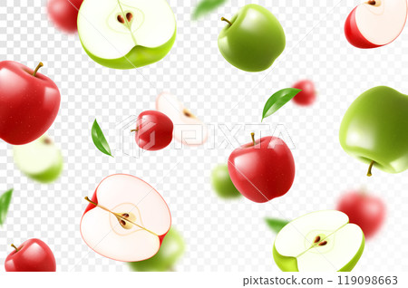 Flying red and green juicy apples. Bright background falling apples, realistic illustration with blurred effect. 3d vector design for advertising banners and web page design 119098663