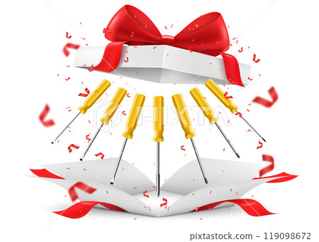 Screwdrivers inside open gift box with red ribbon and bow. Gift concept. Metal tools for Home Repairs and Mechanical Work. Realistic 3d vector illustration isolated on white background Screwdrivers inside open gift box with red ribbon and bow. Gift concept. Metal tools for Home Repairs and Mechanical Work. Realistic 3d vector illustration isolated on white background 119098672