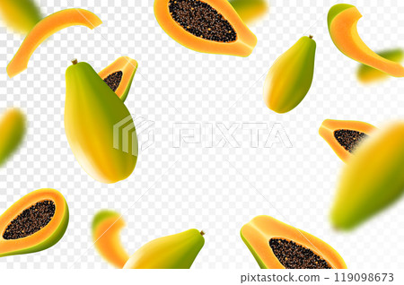 Flying ripe papaya. Bright advertising background falling juicy fruit papaya, realistic illustration with blurred effect. 3d vector design for advertising banners and web page design 119098673