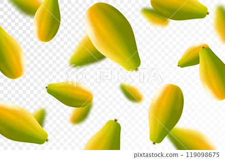 Flying ripe papaya. Bright advertising background falling juicy fruit papaya, realistic illustration with blurred effect. 3d vector design for advertising banners and web page design Flying ripe papaya. Bright advertising background falling juicy fruit papaya, realistic illustration with blurred effect. 3d vector design for advertising banners and web page design 119098675