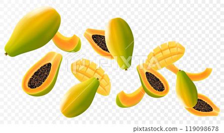 Flying ripe papaya. Bright advertising background falling juicy fruit papaya, realistic illustration with blurred effect. 3d vector design for advertising banners and web page design 119098678
