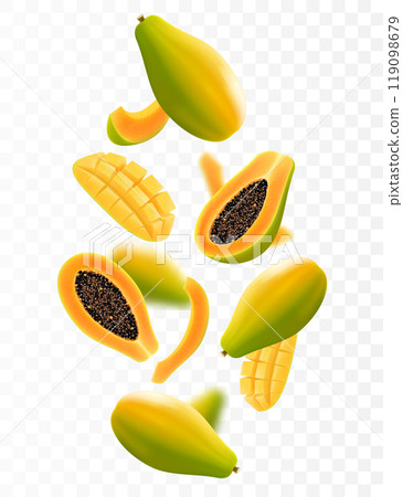 Flying ripe papaya. Bright advertising background falling juicy fruit papaya, realistic illustration with blurred effect. 3d vector design for advertising banners and web page design Flying ripe papaya. Bright advertising background falling juicy fruit papaya, realistic illustration with blurred effect. 3d vector design for advertising banners and web page design 119098679