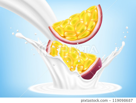 Exotic, tropical passion fruit in splash of yogurt or milk, cocktail splash with drops, Milkshake splash with ripe purple passion fruit. Realistic 3d vector illustration Exotic, tropical passion fruit in splash of yogurt or milk, cocktail splash with drops, Milkshake splash with ripe purple passion fruit. Realistic 3d vector illustration 119098687