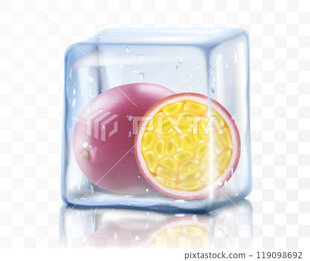 Fresh ripe passion fruit in ice cube isolated on transparent background Frozen tropical juicy passion fruit or passiflora edulis for package design. Realistic 3d Vector illustration of exotic fruits. Fresh ripe passion fruit in ice cube isolated on transparent background Frozen tropical juicy passion fruit or passiflora edulis for package design. Realistic 3d Vector illustration of exotic fruits. 119098692