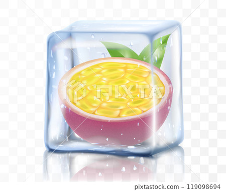 Fresh ripe passion fruit in ice cube isolated on transparent background Frozen tropical juicy passion fruit or passiflora edulis for package design. Realistic 3d Vector illustration of exotic fruits. Fresh ripe passion fruit in ice cube isolated on transparent background Frozen tropical juicy passion fruit or passiflora edulis for package design. Realistic 3d Vector illustration of exotic fruits. 119098694