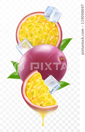 Passion fruit with ice cubes. Composition of fresh passiflora edulis with leaves. Whole fruit, half and slices of passion fruits, 3D realistic vector illustration isolated on transparent background. Passion fruit with ice cubes. Composition of fresh passiflora edulis with leaves. Whole fruit, half and slices of passion fruits, 3D realistic vector illustration isolated on transparent background. 119098697