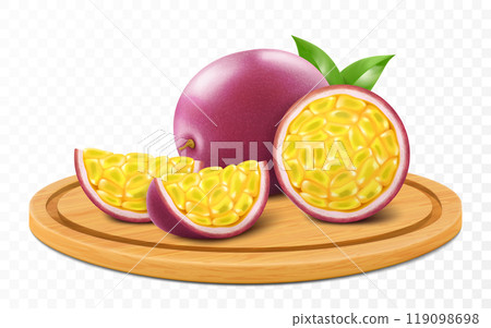 Ripe tasty passion fruit on a wooden tray isolated on transparent background. Whole ripe passion fruit and pieces of fresh passiflora edulis on cutting board. Realistic 3d vector illustration Ripe tasty passion fruit on a wooden tray isolated on transparent background. Whole ripe passion fruit and pieces of fresh passiflora edulis on cutting board. Realistic 3d vector illustration 119098698