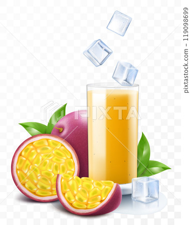 A glass of fresh passion fruit juice with passion fruit and ice cubes. Cup of cocktail or smoothie with ripe exotic passion fruit, isolated on transparent background. Realistic 3d vector illustration A glass of fresh passion fruit juice with passion fruit and ice cubes. Cup of cocktail or smoothie with ripe exotic passion fruit, isolated on transparent background. Realistic 3d vector illustration 119098699