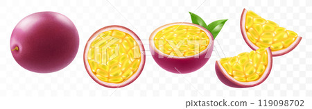Passion fruit. whole fruit, half and sliced isolated on transparent background. Set of ripe passion fruit or passiflora edulis for package design. Realistic 3d Vector illustration of tropical fruits. 119098702
