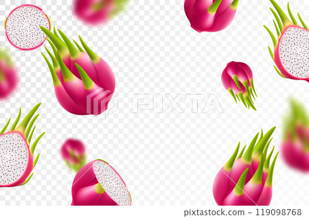 Flying ripe dragon fruit. Bright background falling juicy fruit pitahaya, realistic illustration with blurred effect. 3d vector design for advertising banners and web page design 119098768