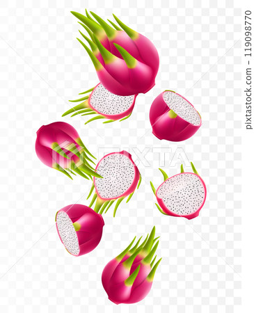 Flying ripe dragon fruit. Bright background falling juicy fruit pitahaya, realistic illustration with blurred effect. 3d vector design for advertising banners and web page design Flying ripe dragon fruit. Bright background falling juicy fruit pitahaya, realistic illustration with blurred effect. 3d vector design for advertising banners and web page design 119098770