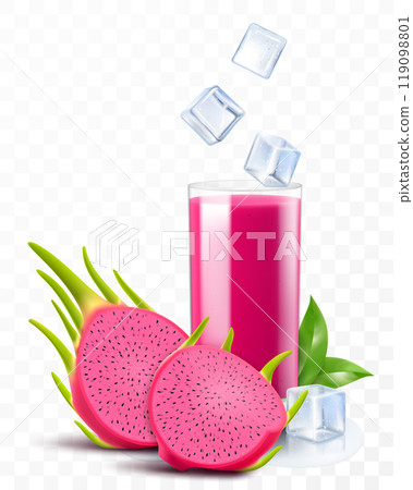 A glass of fresh dragon fruit juice or smoothie with ice cubes falling into the glass. Cup of vitamin cocktail or yogurt with tasty pitaya, isolated on transparent background. Realistic 3d vector 119098801
