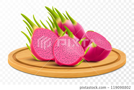 Ripe tasty dragon fruit on a wooden tray isolated on transparent background. Whole ripe pitaya and pieces of fresh pitahaya on cutting board. Realistic 3d vector illustration Ripe tasty dragon fruit on a wooden tray isolated on transparent background. Whole ripe pitaya and pieces of fresh pitahaya on cutting board. Realistic 3d vector illustration 119098802