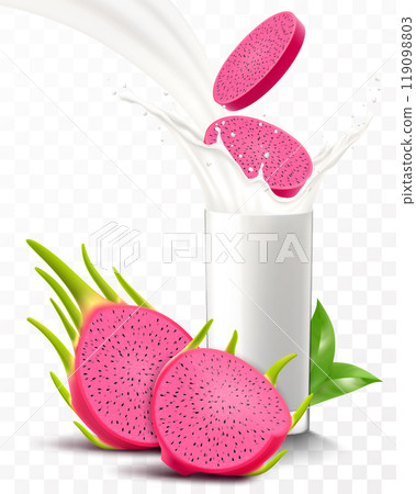 A glass of fresh dragon fruit yogurt or milkshake. Cup of cocktail or milk with pitaya or pitahaya, isolated on transparent background. Realistic 3d vector illustration 119098803