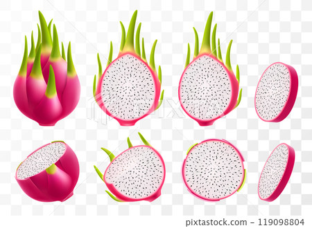 Set of Dragon fruits. Whole and pieces of ripe Pitaya, cut pitahaya with white flesh and black seeds. Exotic fruits isolated on transparent background. Tropical food. Realistic 3d vector illustration Set of Dragon fruits. Whole and pieces of ripe Pitaya, cut pitahaya with white flesh and black seeds. Exotic fruits isolated on transparent background. Tropical food. Realistic 3d vector illustration 119098804