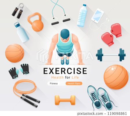 Fitness Exercise Conceptual Banner. Man Wear a tank top exercising, push-ups fitness minimal vector isometric illustration 119098861