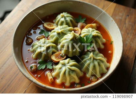 dumplings with meat from dough with spinach 119098907