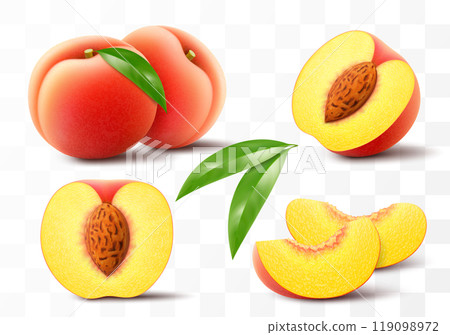 Ripe peach fruit illustration. Half, whole and slice of juicy peach isolated on transparent background. Realistic 3d vector set. Velvety, golden-orange plant with green leaf 119098972