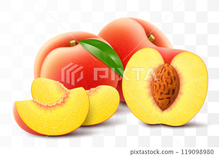 Ripe peach fruit illustration. Half, whole and slice juicy of peach isolated on transparent background. Realistic 3d vector set. Velvety, golden-orange plant with green leaf 119098980