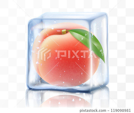 Fresh ripe peach in ice cube isolated on transparent background. Frozen tasty juicy peach, realistic 3d vector illustration. Bright tropical summer design 119098981