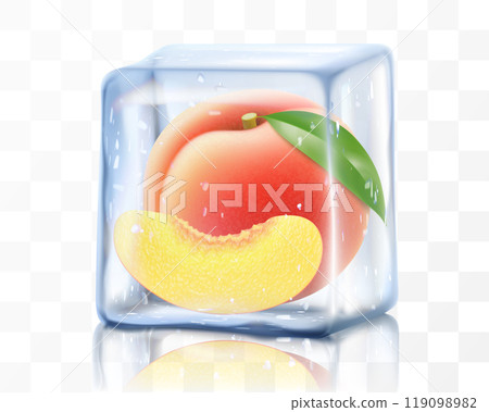 Fresh ripe peach in ice cube isolated on transparent background. Frozen tasty juicy peach, realistic 3d vector illustration. Bright tropical summer design 119098982