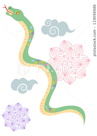 Background of colorful scaly snake and lotus flowers rising into the sky 119098986