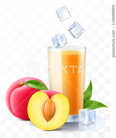 A glass of fresh plum juice or smoothie with ice cubes falling into the glass. Cup of cocktail or yogurt with ripe sweet plum fruits, isolated on transparent background. Realistic 3d vector 119099005