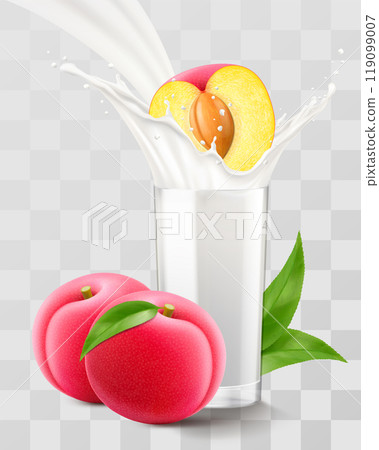 A glass of fresh plum yogurt or milkshake. Cup of cocktail or milk with delicious sweet plum fruits, isolated on transparent background. Realistic 3d vector illustration 119099007