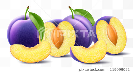 Whole, half and sliced of plum with leaf. Sweet plum with stone isolated on transparent background. Oval purple fruits, prunes, natural berries, fresh organic food. Realistic vector 3d illustration Whole, half and sliced of plum with leaf. Sweet plum with stone isolated on transparent background. Oval purple fruits, prunes, natural berries, fresh organic food. Realistic vector 3d illustration 119099031